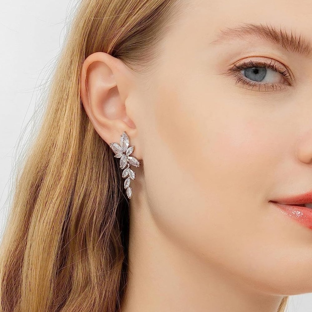 Wedding Earrings Elegant Dangle Drop CZ Marquise Cubic Zirconia AAAAA 18K Gold - Picture 4 of 5